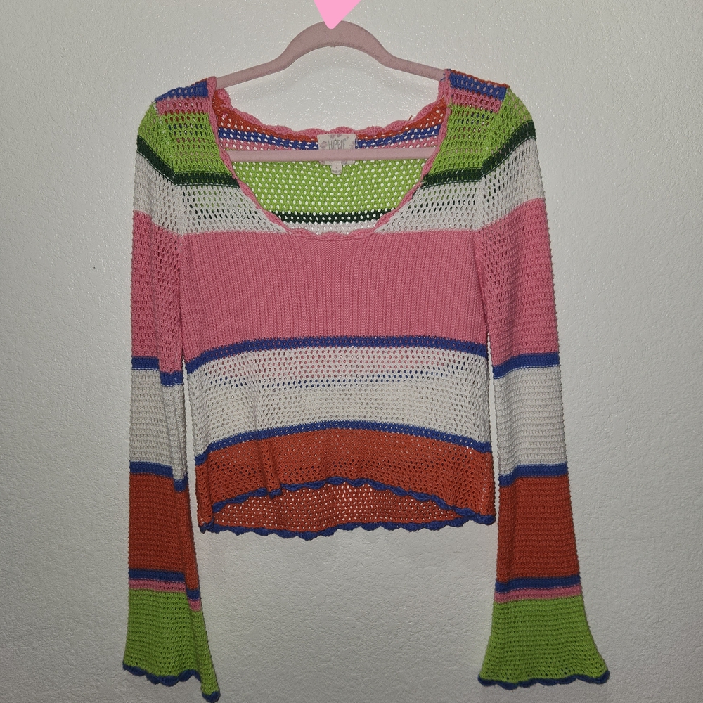 Striped Open-Knit Crop Top - Pink, White & Green